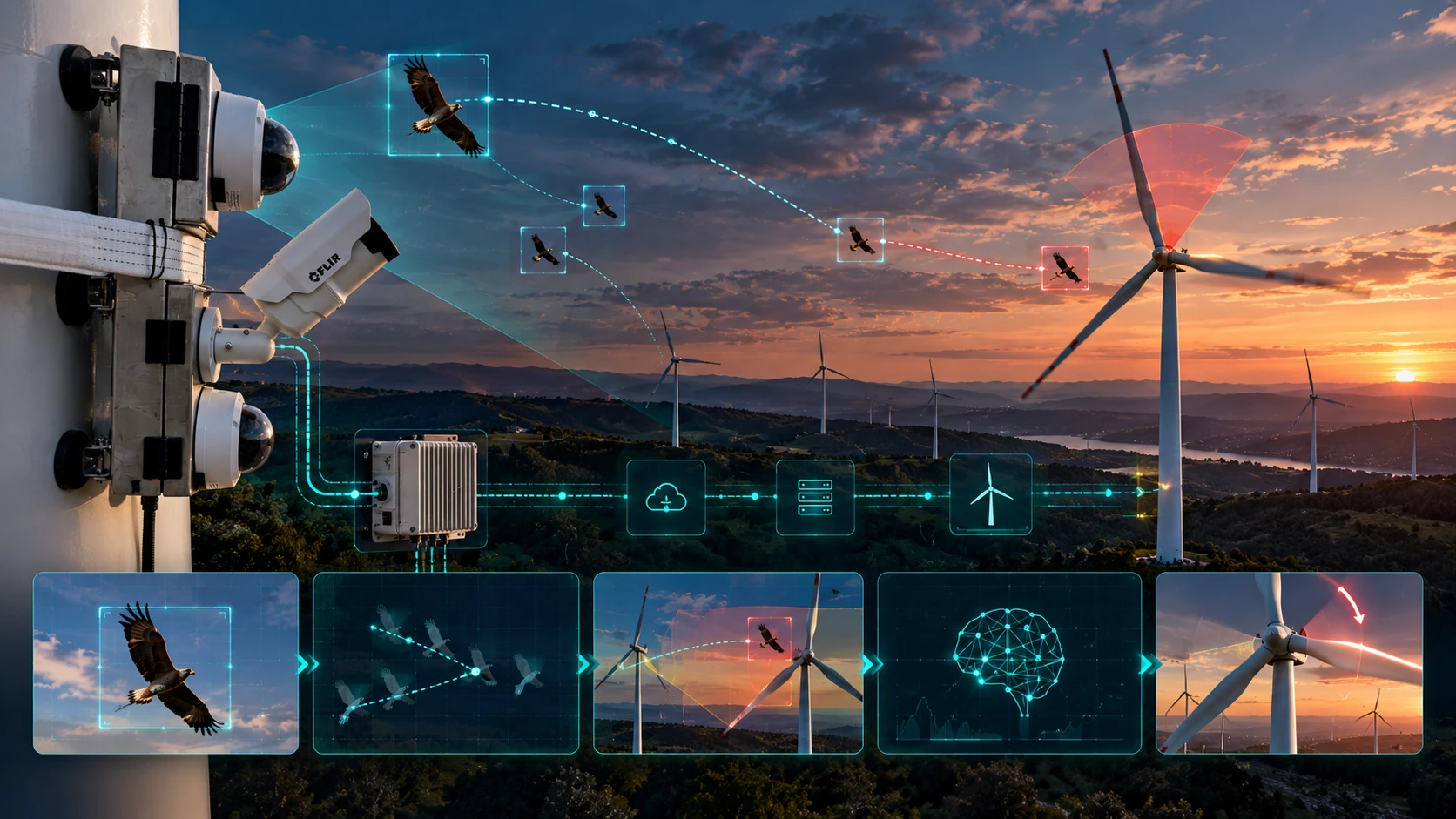 IRIDA AI workflow connecting wildlife detection and risk assessment with wind turbine operational response.