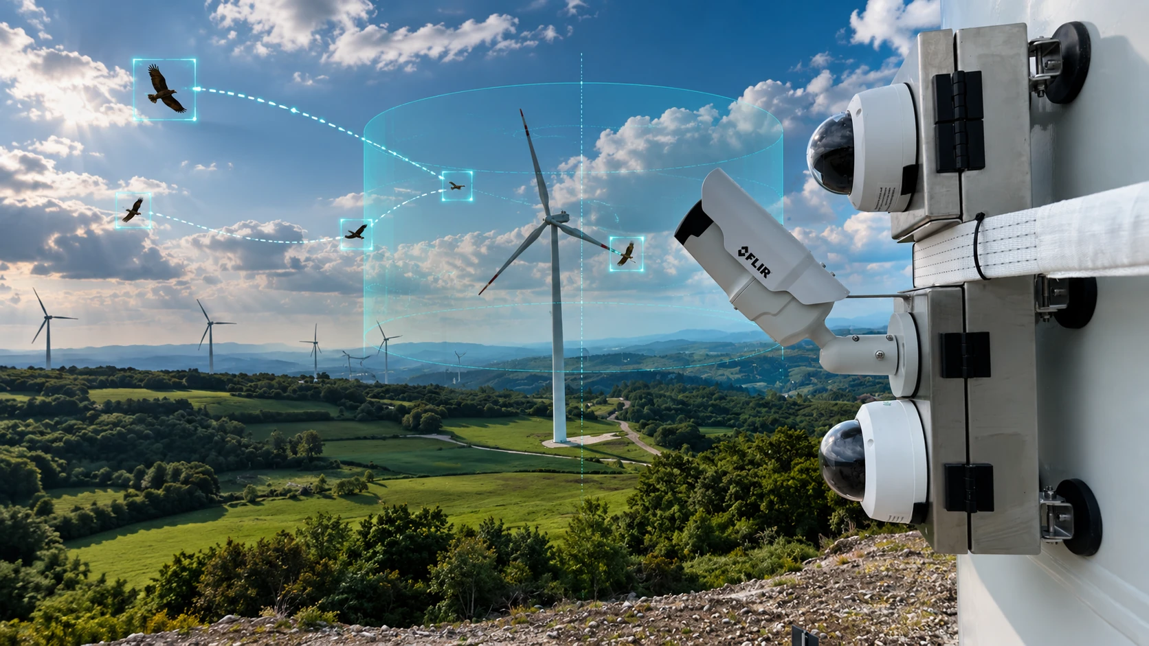 IRIDA AI wildlife monitoring system detecting and tracking birds at a wind farm.