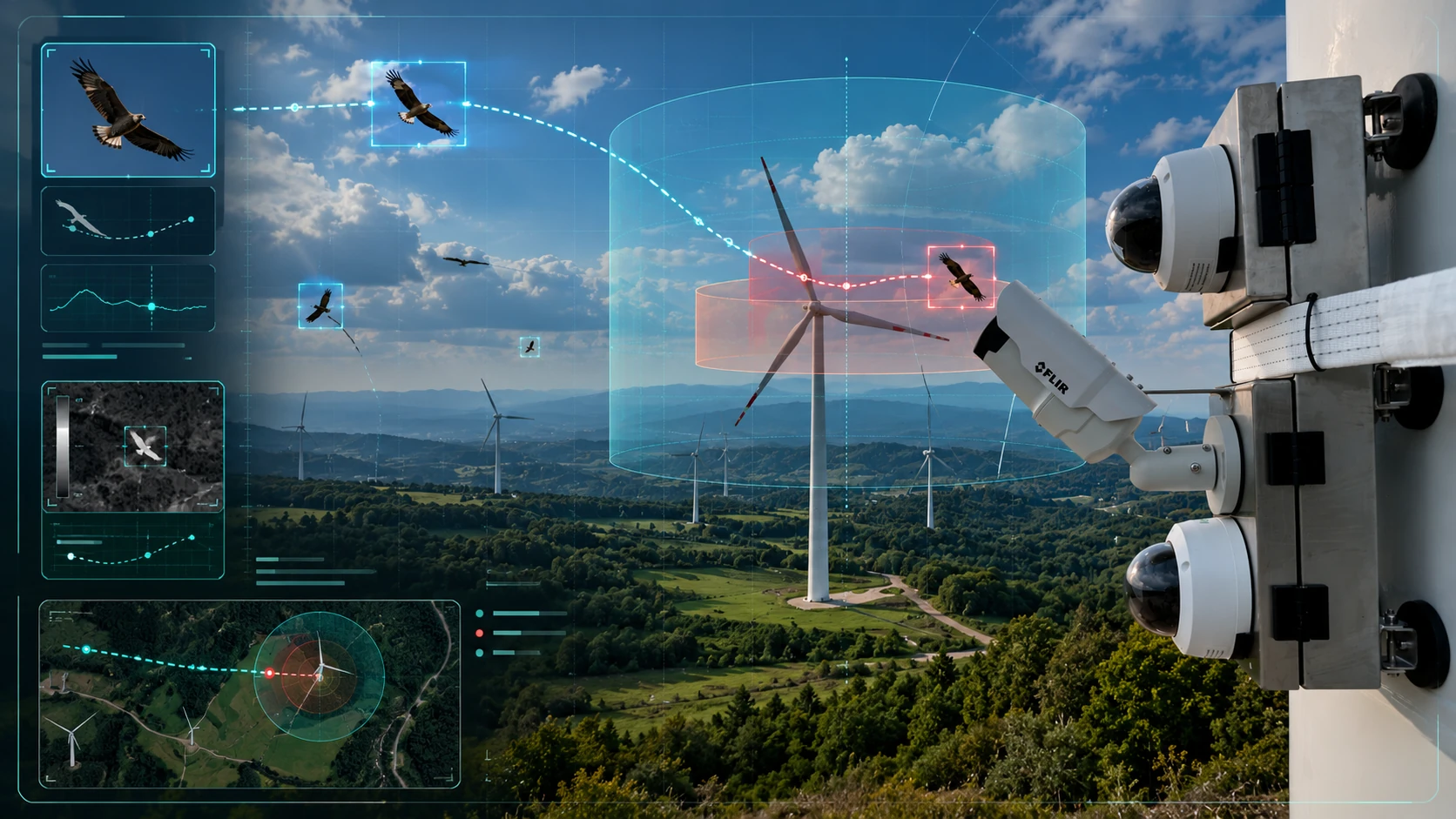 AI bird tracking, trajectory analysis and collision-risk assessment around wind turbines.