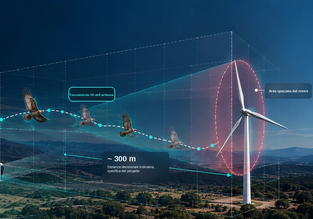 Visualizzazione illustrativa del tracciamento 3D dell'avifauna: traiettoria di volo tracciata in avvicinamento all'area spazzata dal rotore di un aerogeneratore, con una distanza decisionale indicativa e specifica del progetto.