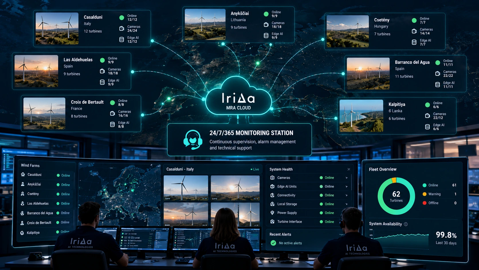 IRIDA MRA Cloud connecting deployed wind farms across Europe to the centralized 24/7/365 monitoring station with system health and fleet overview.