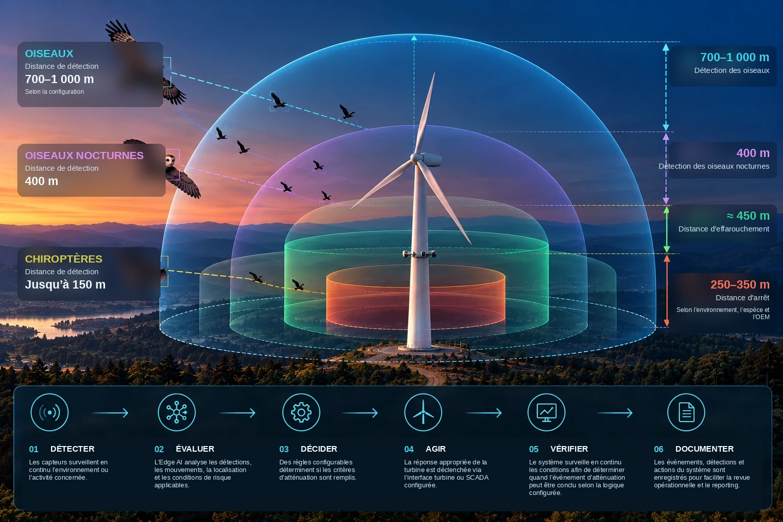 Zones de détection de la faune autour d’une éolienne : détection des oiseaux de 700 à 1 000 m, oiseaux nocturnes 400 m, chiroptères jusqu’à 150 m, avec rayons d’effarouchement et d’arrêt