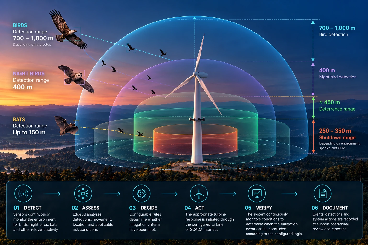 Wind turbine wildlife detection zones: bird detection 700-1,000 m, night bird detection 400 m, bat detection up to 150 m, with deterrence and shutdown ranges around the turbine